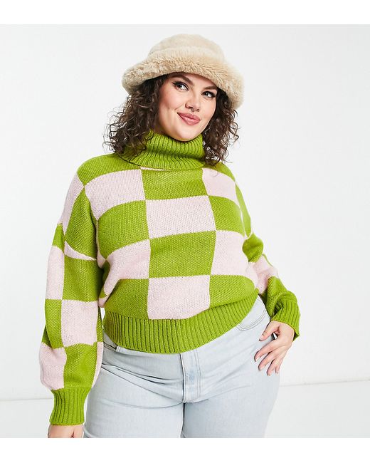 Native Youth Plus relaxed sweater with high neck in checkerboard knit-