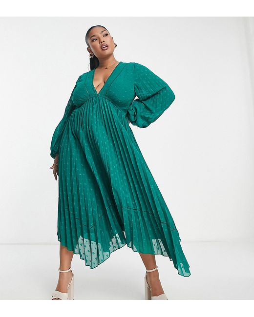 ASOS Curve DESIGN Curve v front trim detail pleated textured midi dress with hanky hem in forest