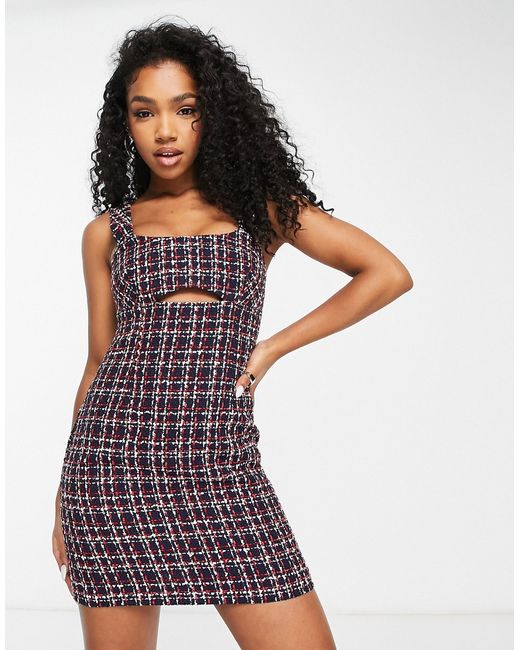 Miss Selfridge boucle mini pinny dress with cut out detail in plaid