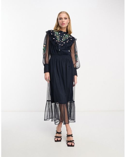 French Connection mesh maxi dress with embroidery in navy-