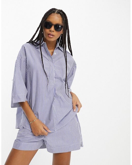 French Connection relaxed overhead shirt in blue and white stripe part of a set-
