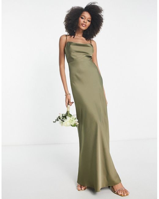 ASOS Edition satin cowl neck maxi dress with full skirt in olive