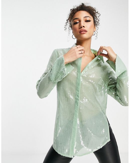 Asos Design sequin shirt in green-