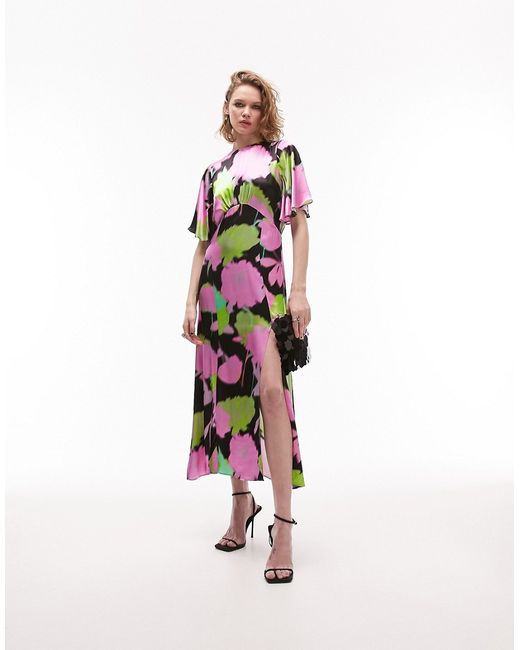 TopShop Austin bold floral print angel sleeve midi occasion dress in