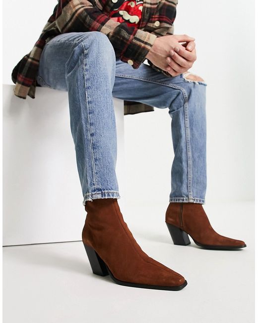 Asos Design heeled chelsea boots with angled heel in tan suede-