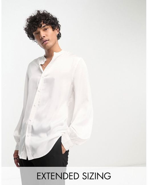 Asos Design satin shirt with blouson sleeve and grandad neck in off