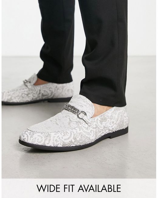 Asos Design loafers in silver velvet with gunmetal chain detail-