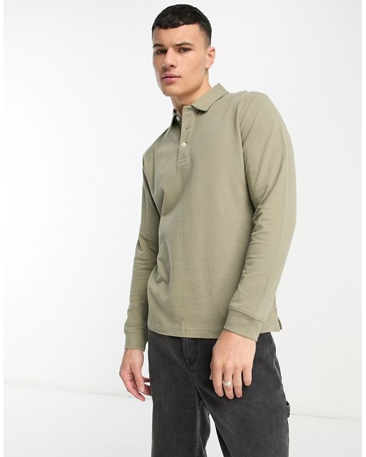 Selected Homme mix long sleeve polo in khaki-