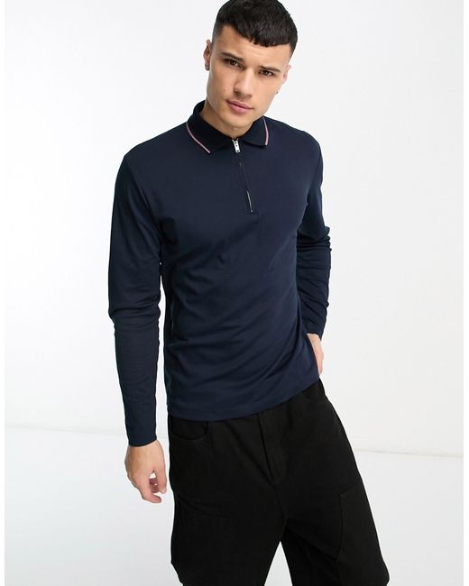 Selected Homme cotton mix long sleeve polo with zip in navy-