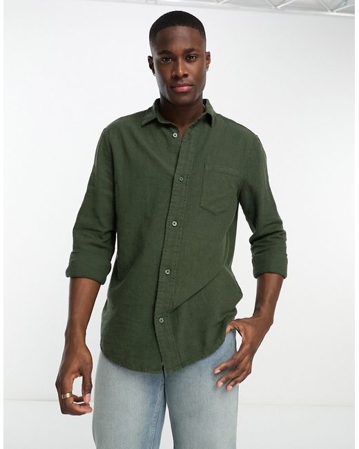 River Island long sleeve linen crepe one-pocket shirt in khaki-
