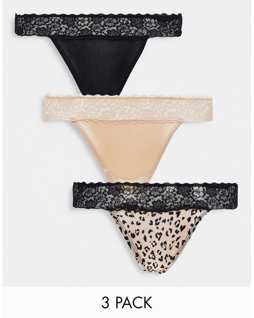 New Look 3-pack lace top thongs in beige black and animal print-