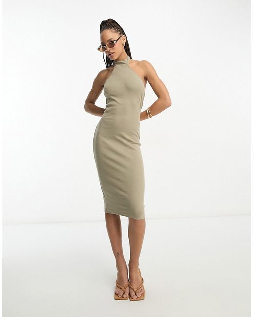 Stradivarius midaxi dress with cut out neck in khaki-
