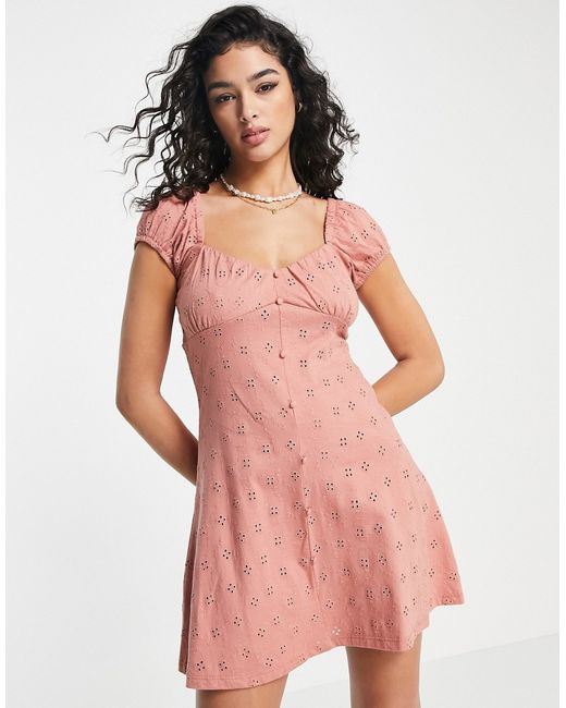 Asos Design broderie bust detail mini tea dress with buttons in rose-