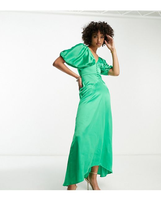 ASOS Tall DESIGN Tall high low hem satin batwing midi dress with button through detail in emerald
