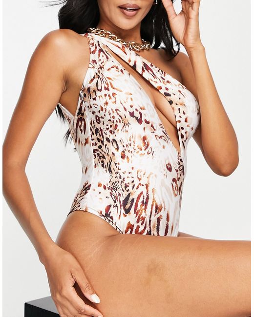 Free Society one shoulder cut out swimsuit in animal print-