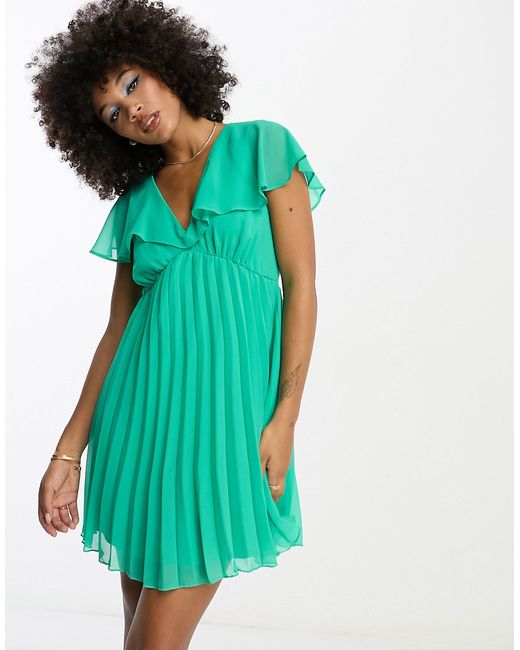 Asos Design flutter sleeve v neck pleat mini dress in emerald