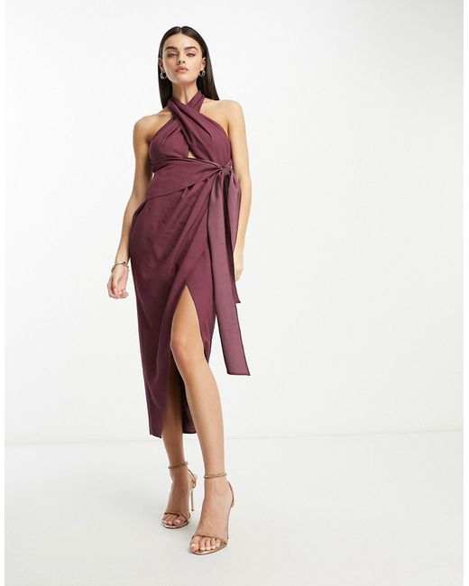 Asos Design washed halter cut out midi dress with tie waist in dusty