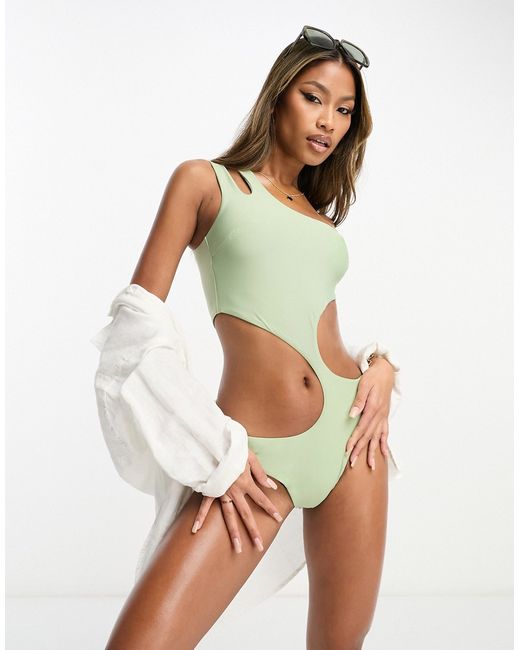 Asos Design asymmetric strappy one shoulder cut out swimsuit in sage