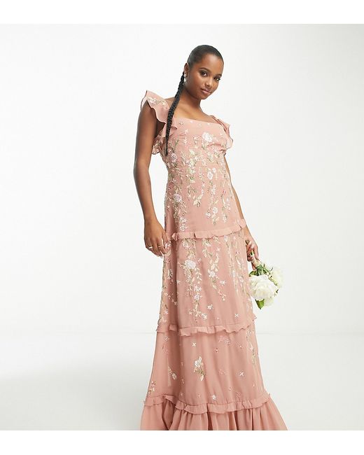 ASOS Petite DESIGN Petite Bridesmaid cami embellished maxi dress with embroidery in rose-