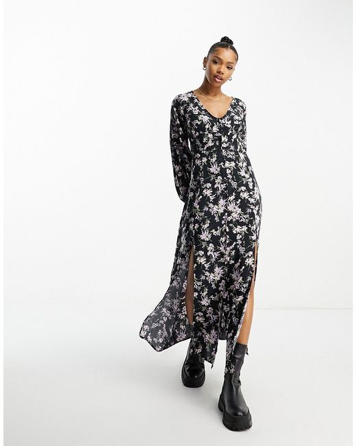 Miss Selfridge long sleeve button up maxi dress in trailing floral-