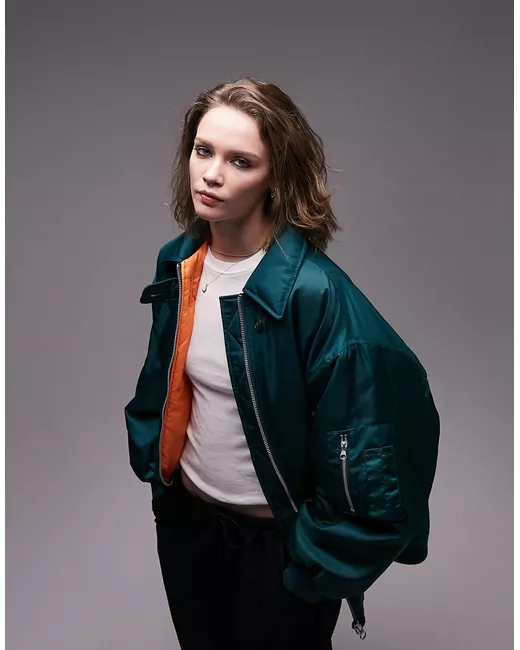 TopShop oversized collar bomber jacket in teal-