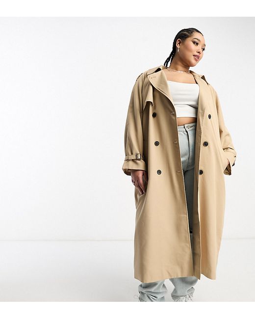 Only Curve double breasted trench coat in camel-