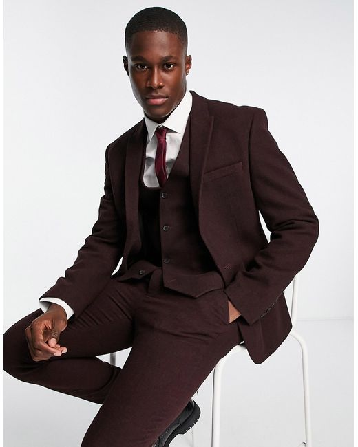 Asos Design wedding skinny wool mix suit jacket in burgundy herringbone-
