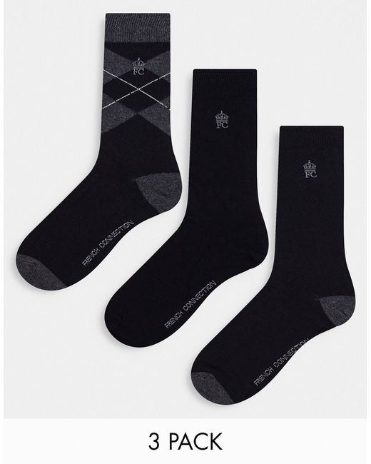 French Connection 3 pack socks in charcoal argyle print-