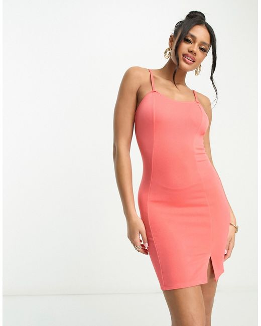 Flounce London body-conscious strappy dress in coral-