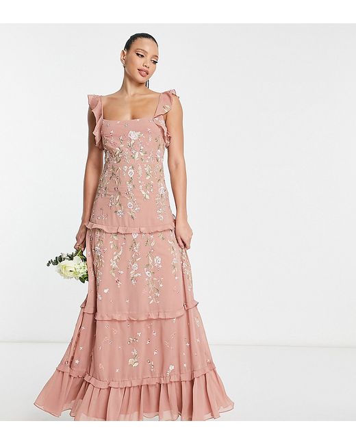 ASOS Tall DESIGN Tall Bridesmaid cami embellished maxi dress with embroidery in rose-