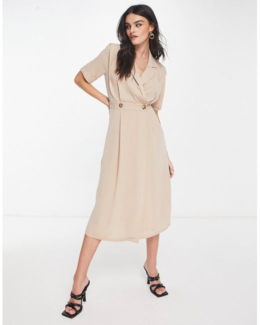Asos Design wrap tux midi dress with shoulder pads in stone-