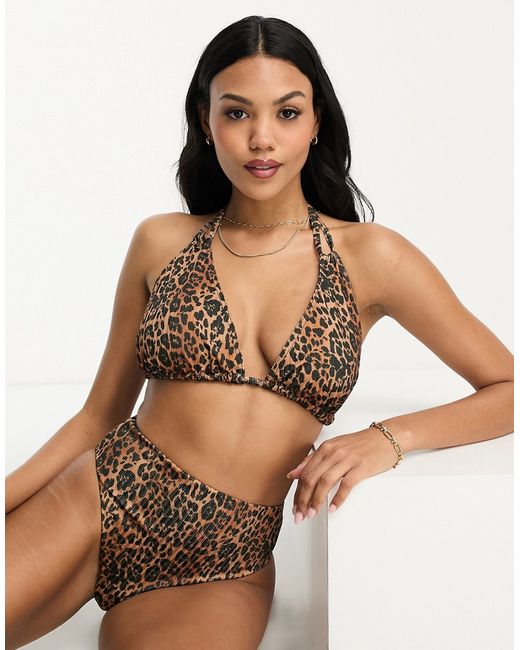 Asos Design fuller bust mix and match rib triangle bikini top in leopard print-
