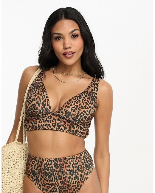 Asos Design Fuller Bust mix and match rib deep band ruched crop bikini top in leopard print-
