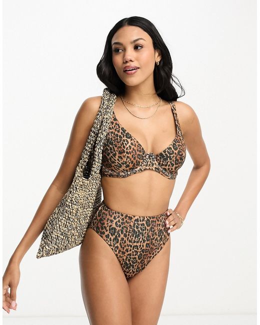 Asos Design fuller bust mix and match rib step front underwired bikini top in leopard print-