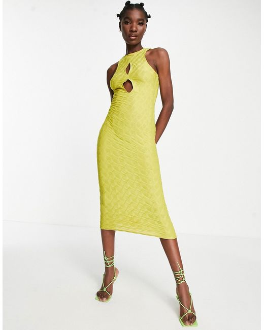 Asos Design textured midi dress with front cut outs in lime
