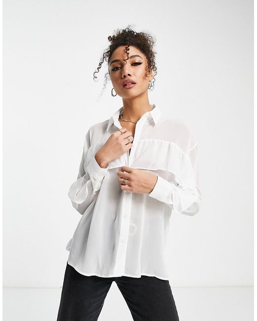 Asos Design ruffle front soft shirt in ivory-