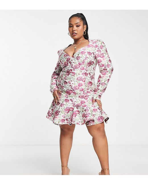 ASOS Luxe Curve sweetheart neck mini dress with long sleeves in floral jacquard-