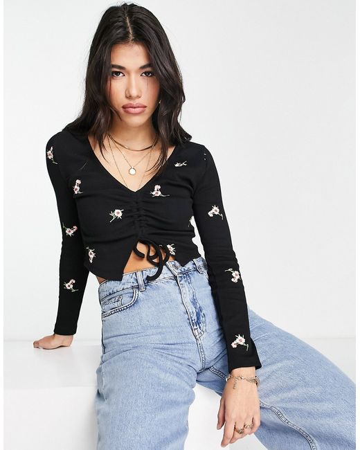 Asos Design ruched v neck top with floral embroidery in