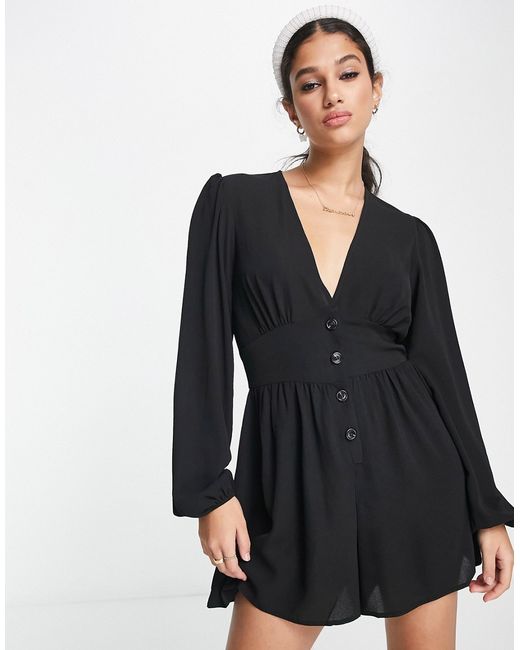 Asos Design bubble crepe plunge neck romper with puff sleeve in