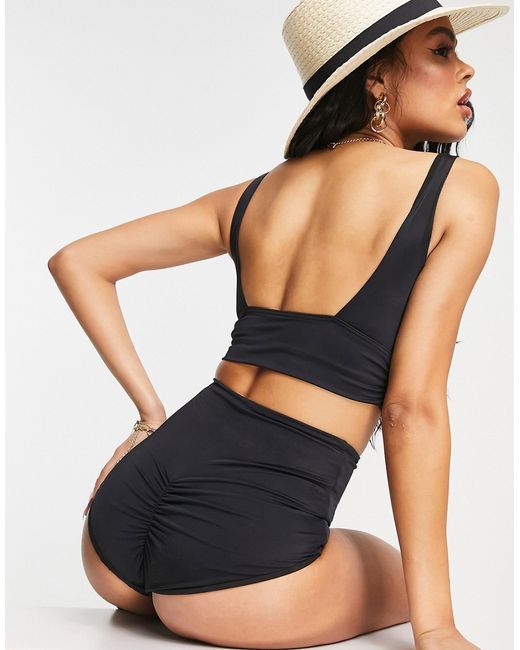 Asos Design mix and match high waist low leg bikini bottom with ruche back in