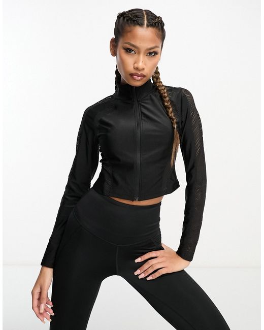 Hiit gloss highneck zip front top with mesh detailing-