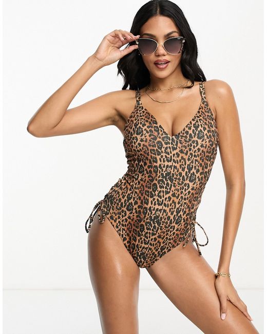 Asos Design Fuller Bust plunge rib swimsuit with lace up side detail in leopard animal print-