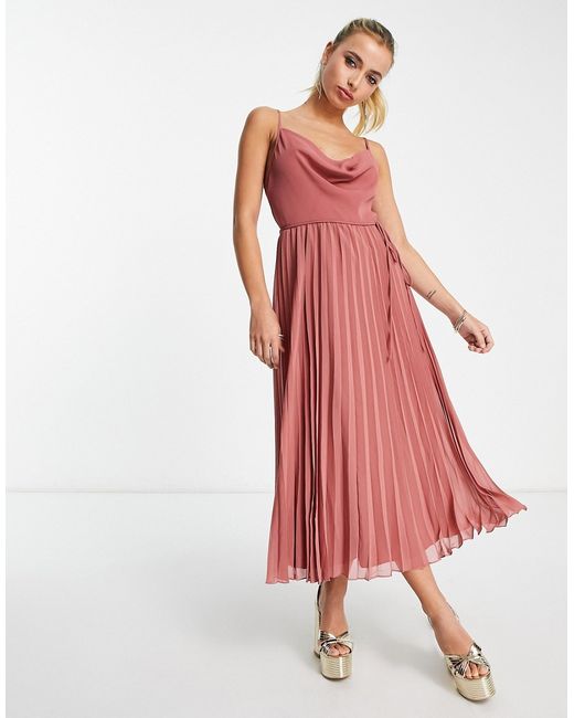Asos Design cowl neck strappy pleated midi dress with tie waist in rose