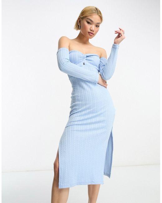 Rebellious Fashion off shoulder knitted thigh split midi dress in