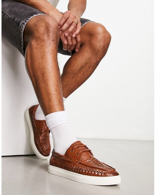 Asos Design woven boat shoes in tan faux leather with contrast sole-