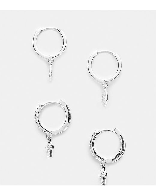 Asos Design 2 pack sterling silver hoop earrings set with cross and coin-