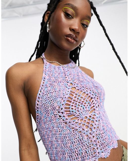 Asos Design crochet halter neck crop top in space dye yarn-