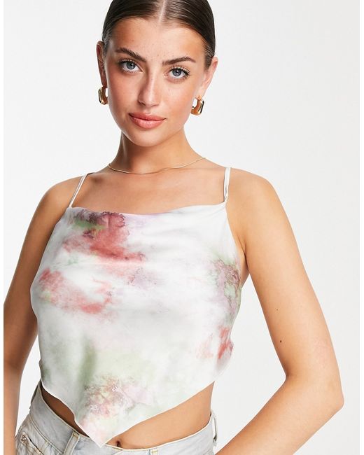 Asos Design satin scarf top with cowl neck and lace up back in tie dye-