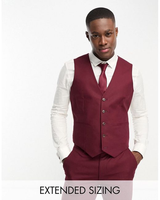 Asos Design slim linen mix vest in burgundy-