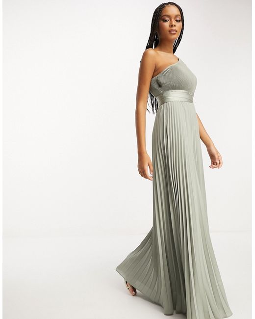 Asos Design Bridesmaid pleated one shoulder maxi dress with tie waist in sage-